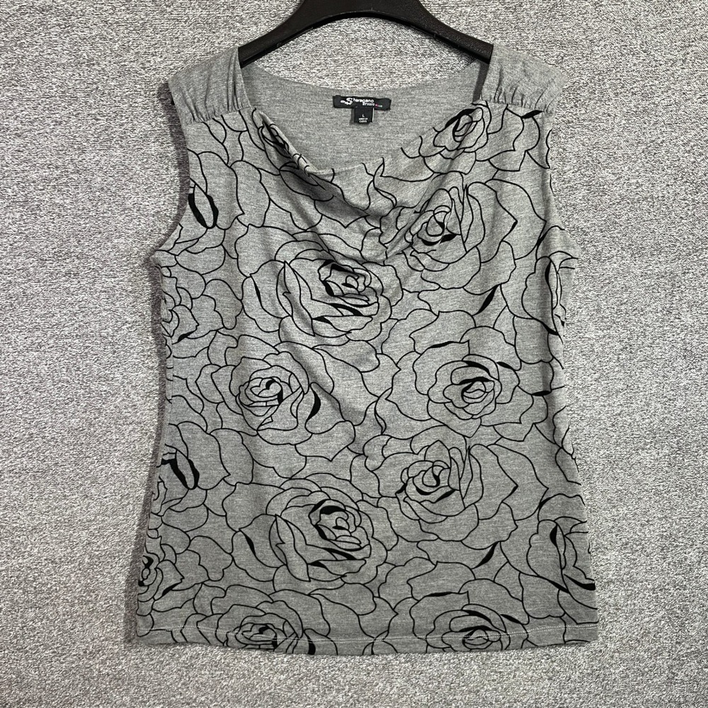 Sharagano Top Womens L Gray Black Floral Rose Cowl Neck Sleeveless